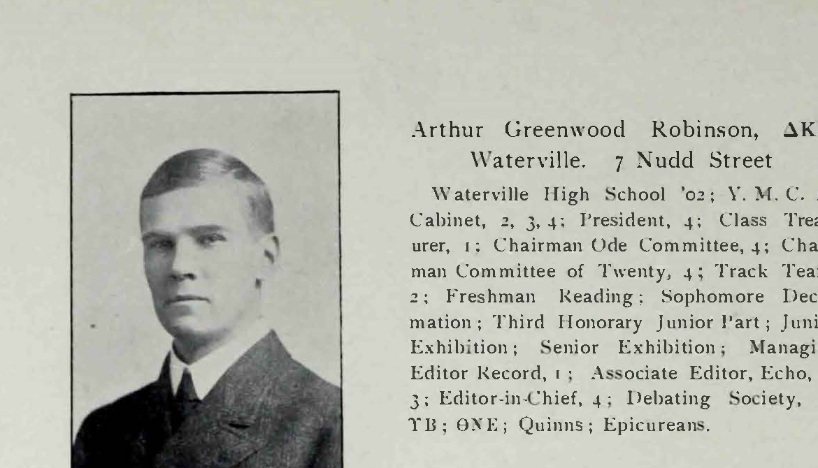 Arthur Greenwood Robinson portrait and class entry in The Colby Oracle 1906