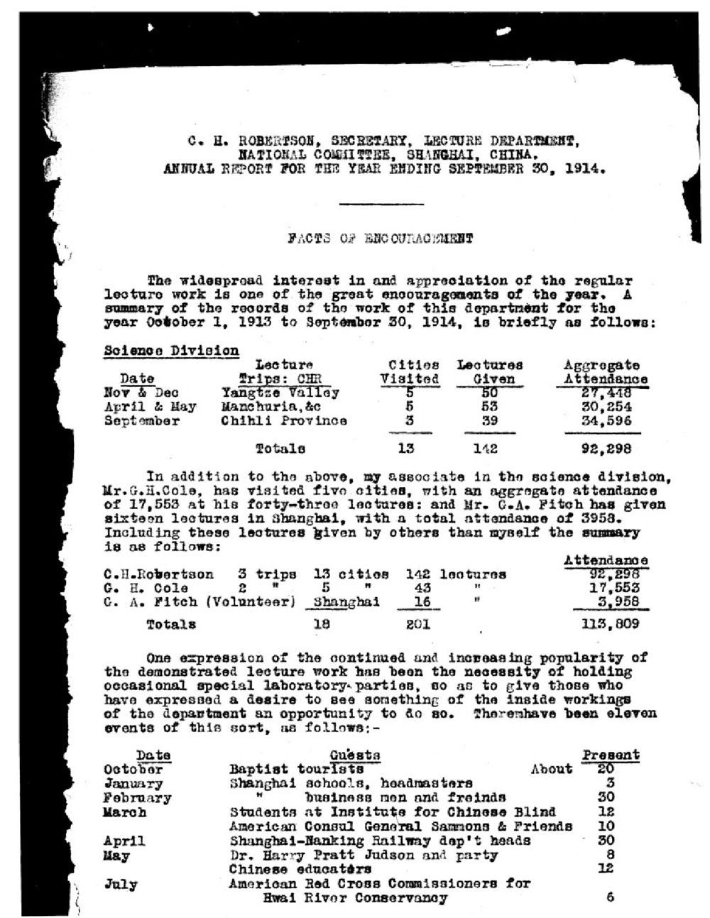 First page of Clarence H. Robertson's 1914 YMCA lecture department annual report