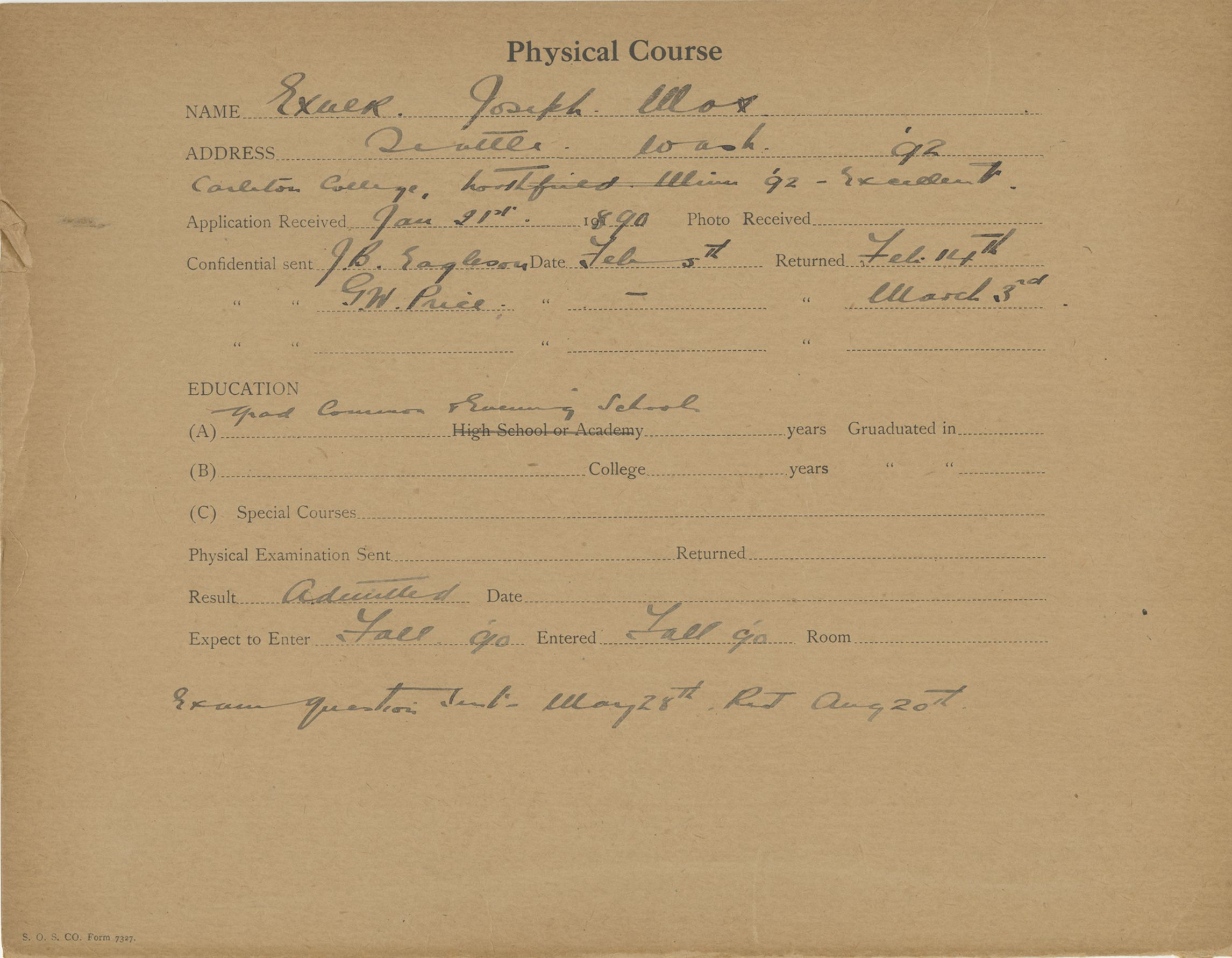 Admission file cover of Max Exner from 1890