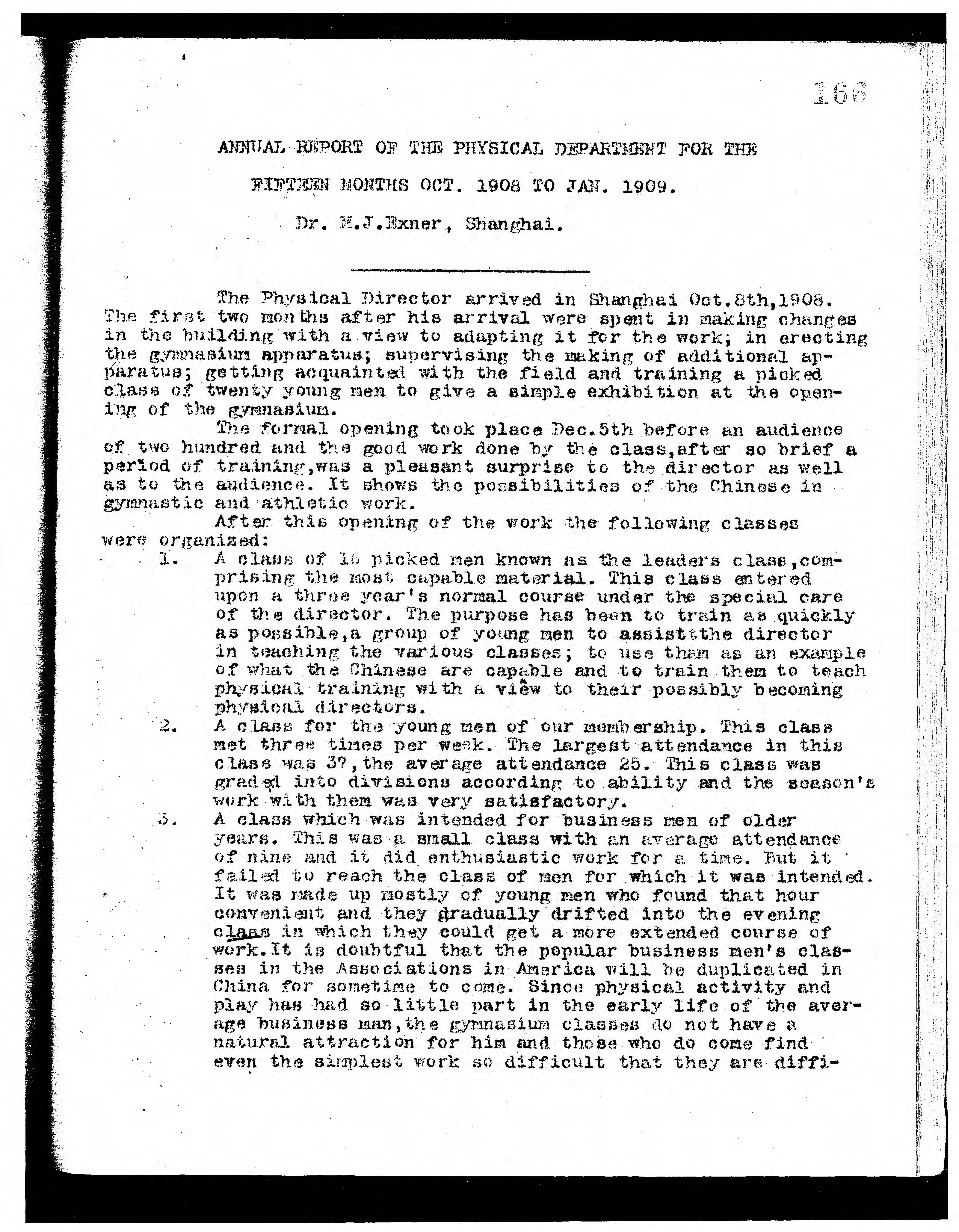 First page of Max Exner's 1908-1909 Shanghai annual report